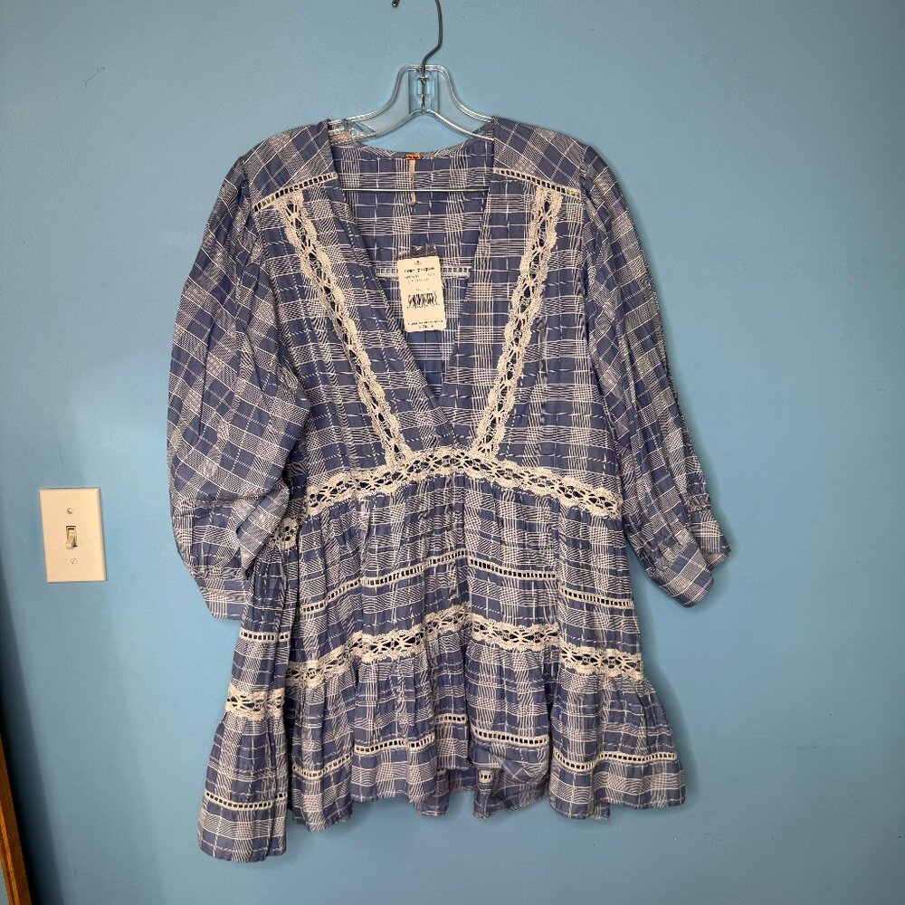 Free People Blue Plaid Chambray Mini Dress with Lace Inset Trim - M